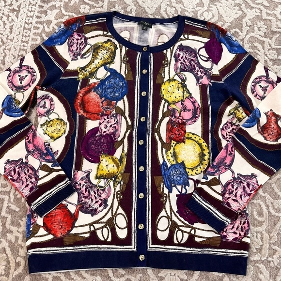 Talbots Petites Tea Party Print Classic Cardigan Sweater - Picture 7 of 16